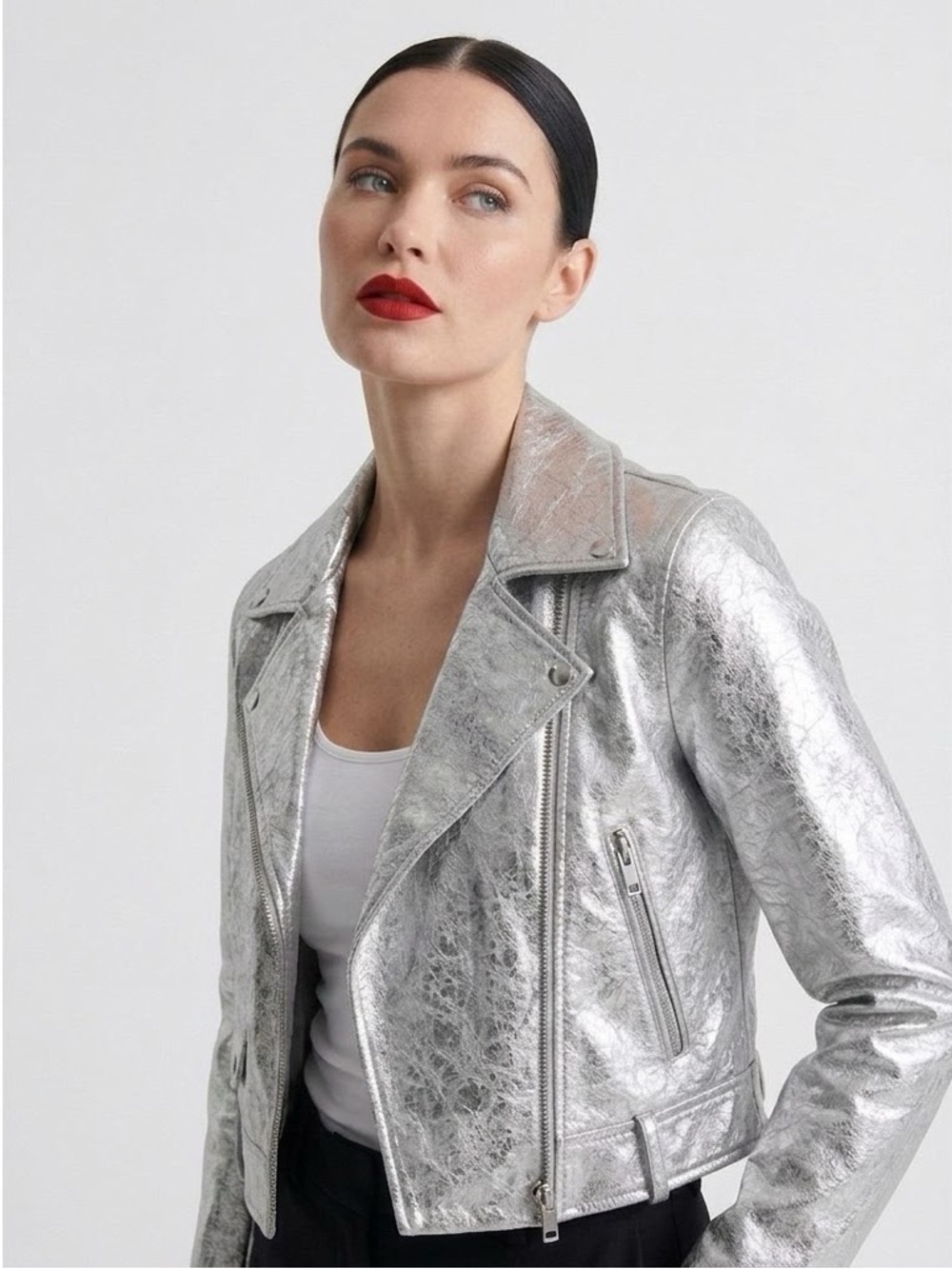 ❤️ Zara Women's Shiny Silver Metallic Distressed Faux Leather Moto Jacket XS - Picture 4 of 8